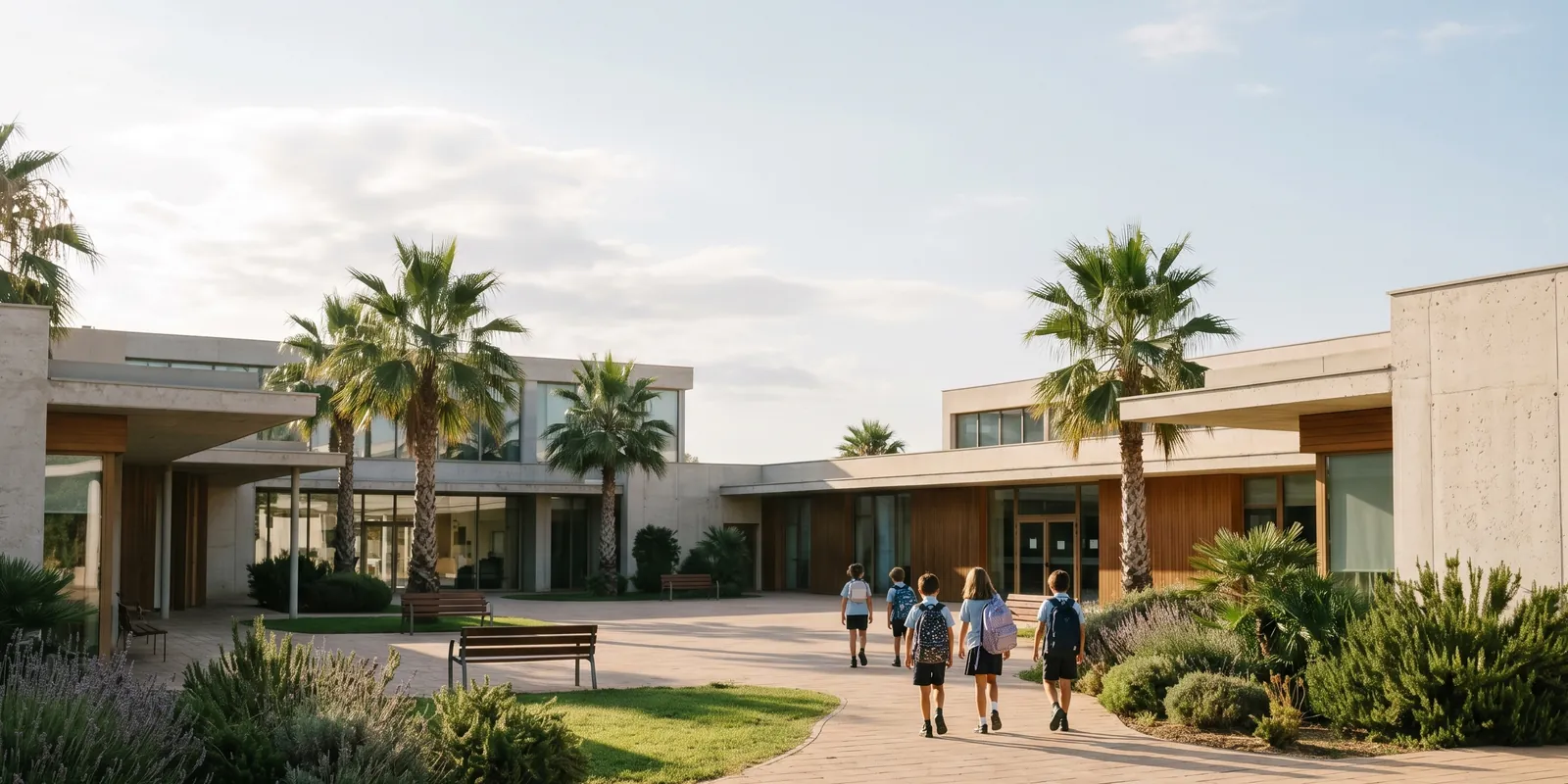 Children arriving at an international school campus near Valencia