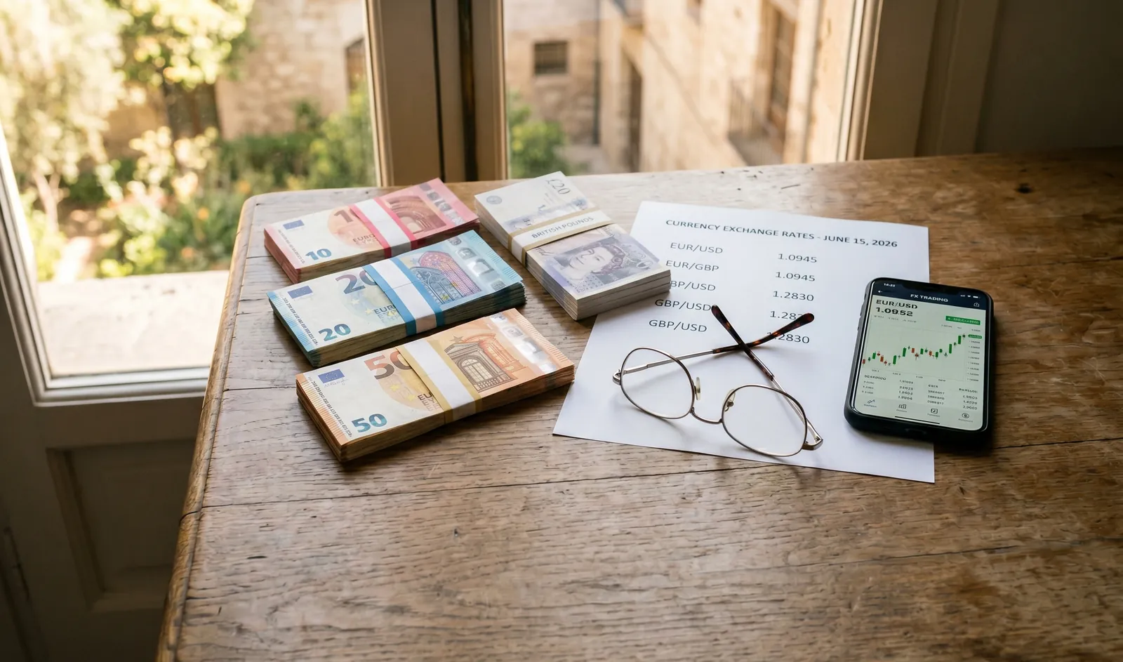 Billetes de euros y dólares junto a un gráfico impreso del tipo de cambio sobre un escritorio frente a una ventana soleada
