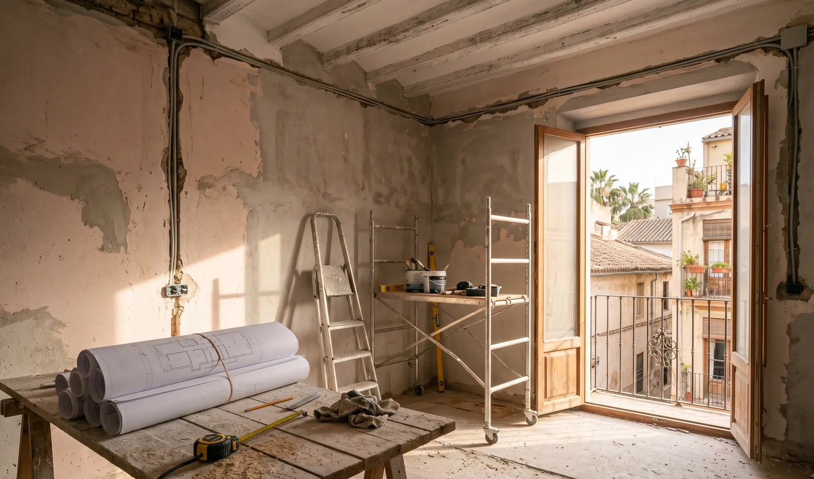 Casa adosada valenciana a medio reformar, con andamios y los planos del arquitecto desplegados sobre una mesa