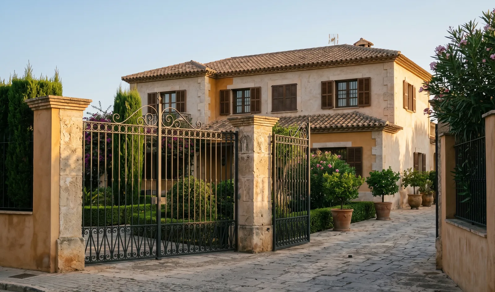 Villa mediterránea protegida tras un portón cerrado bajo un cielo despejado y sereno, segura y tranquila