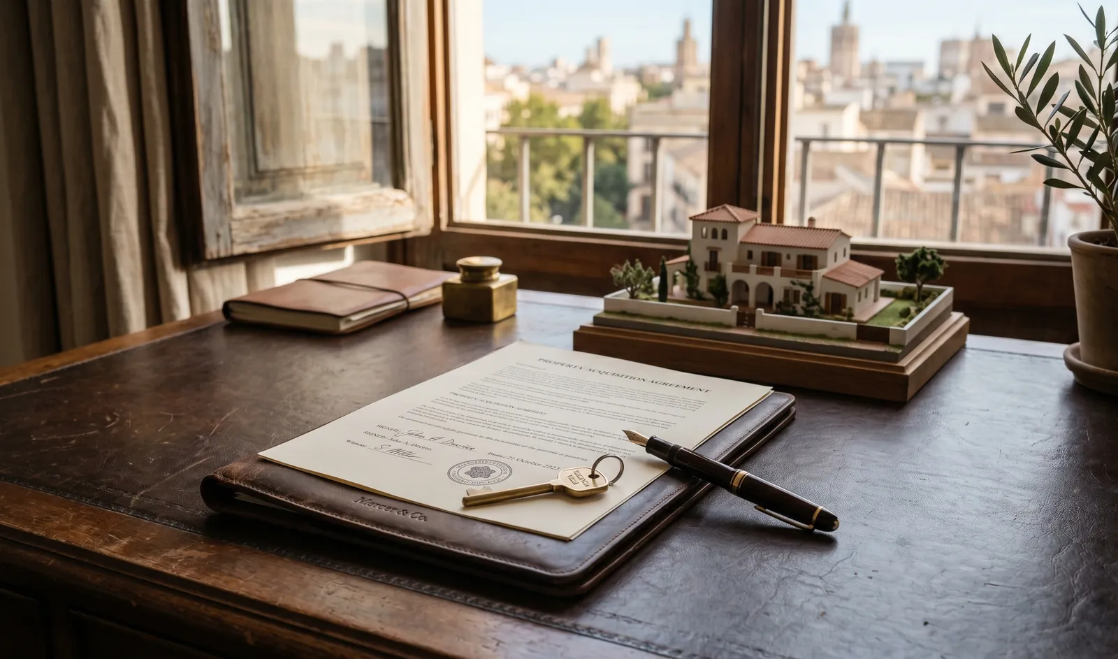 Mesa de banca privada con una pluma estilográfica, documentación de hipoteca y la maqueta de una villa española bajo la cálida luz de la ventana