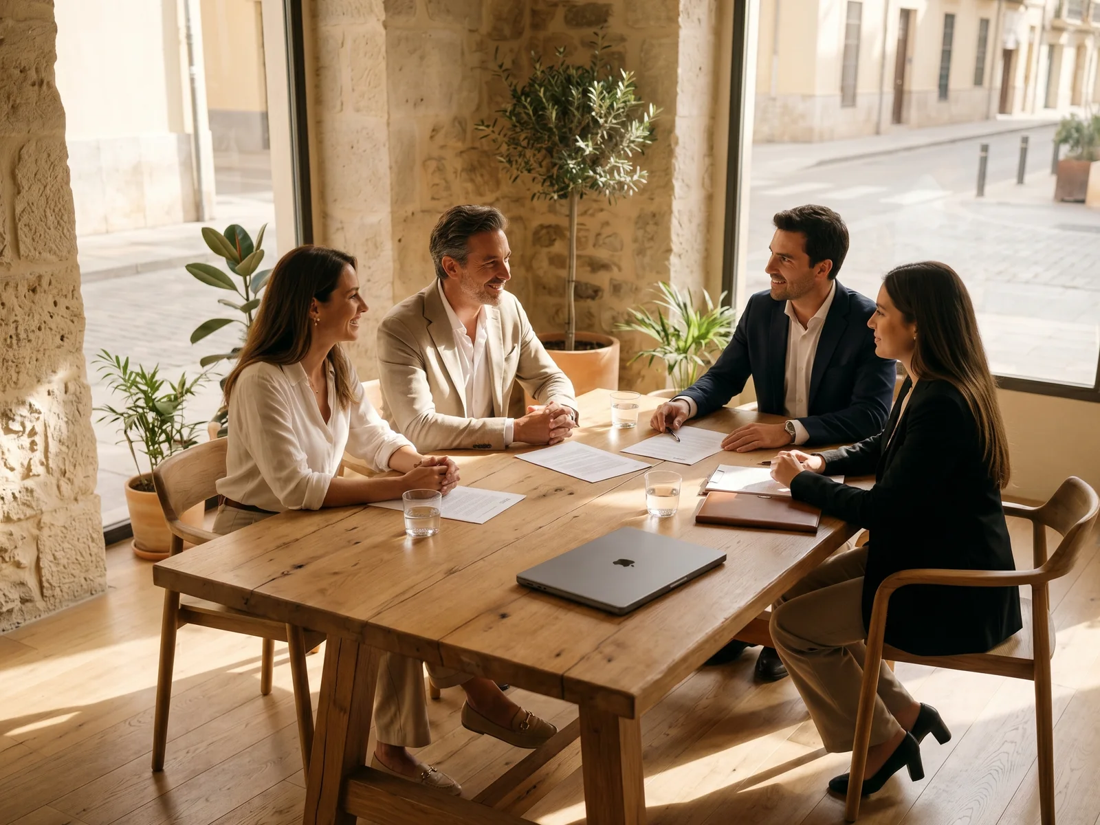 Una pareja internacional reunida en torno a una mesa iluminada por el sol con su asesor inmobiliario y su abogado de SFERO, trabajando juntos como un único equipo