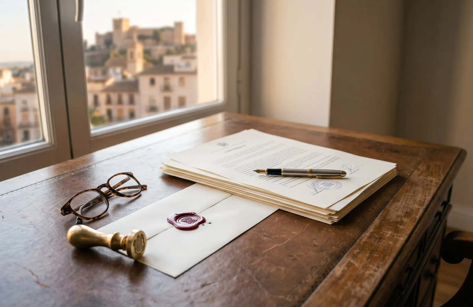 Documentos legales formales con una pluma estilográfica y un sello de lacre rojo sobre un escritorio con sobre de cuero