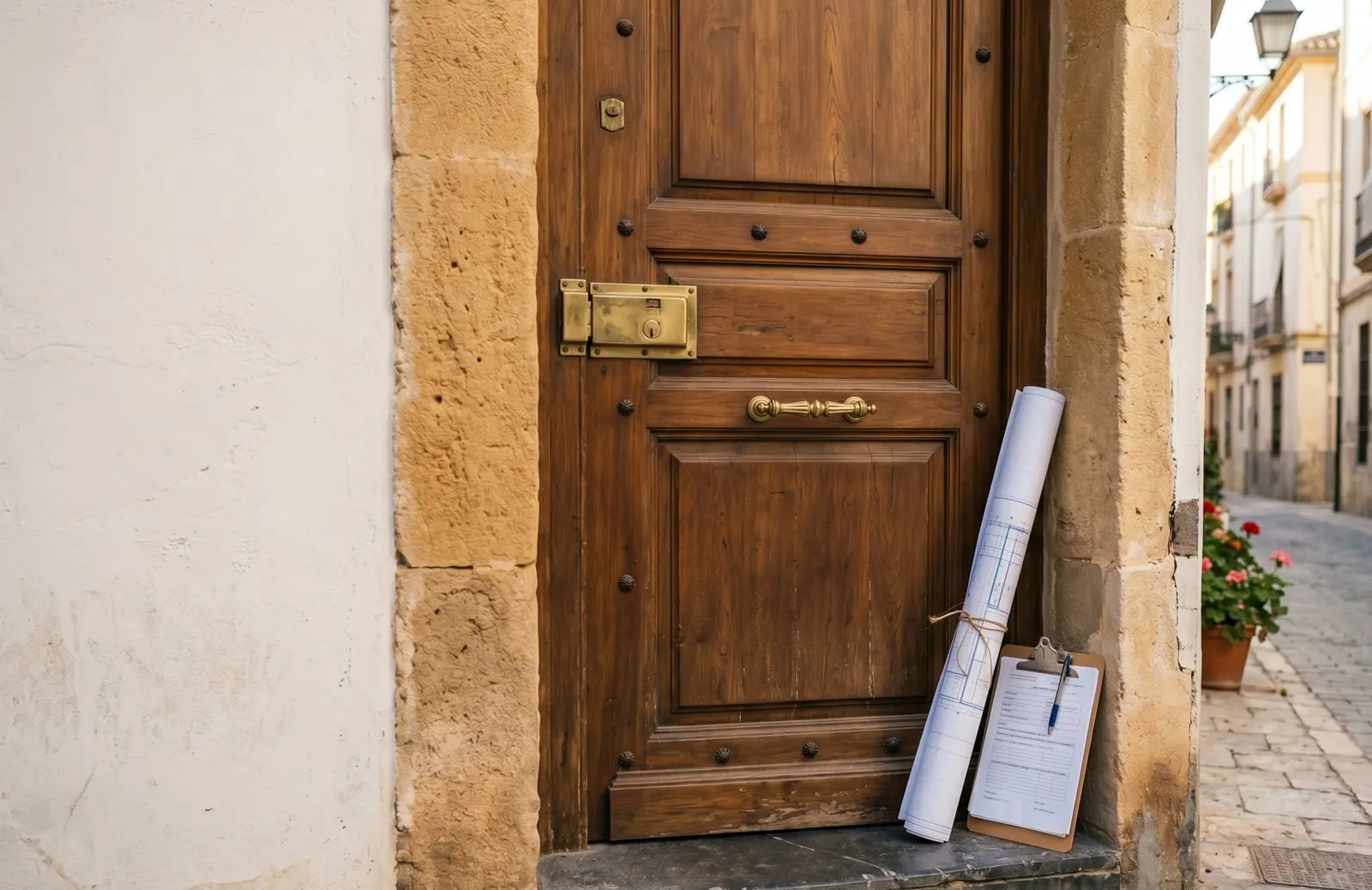 Una puerta de adosado español con cerradura de latón y un plano arquitectónico apoyado al lado