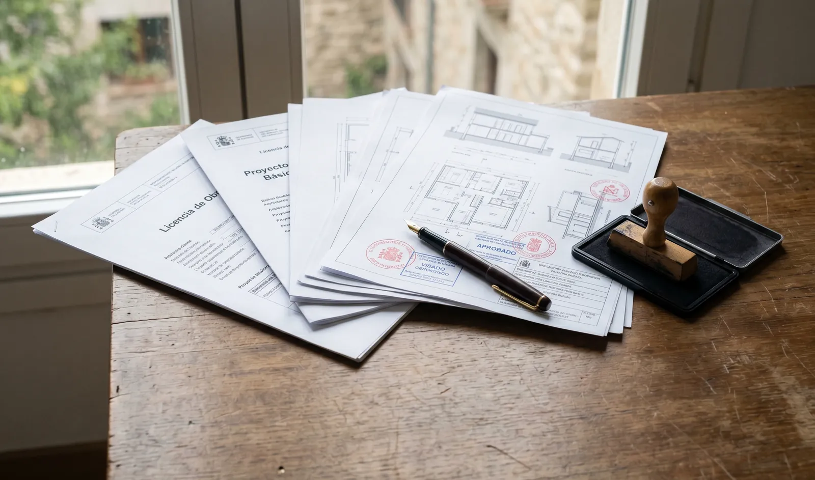 Approved Spanish building licence documents and stamped plans on a desk