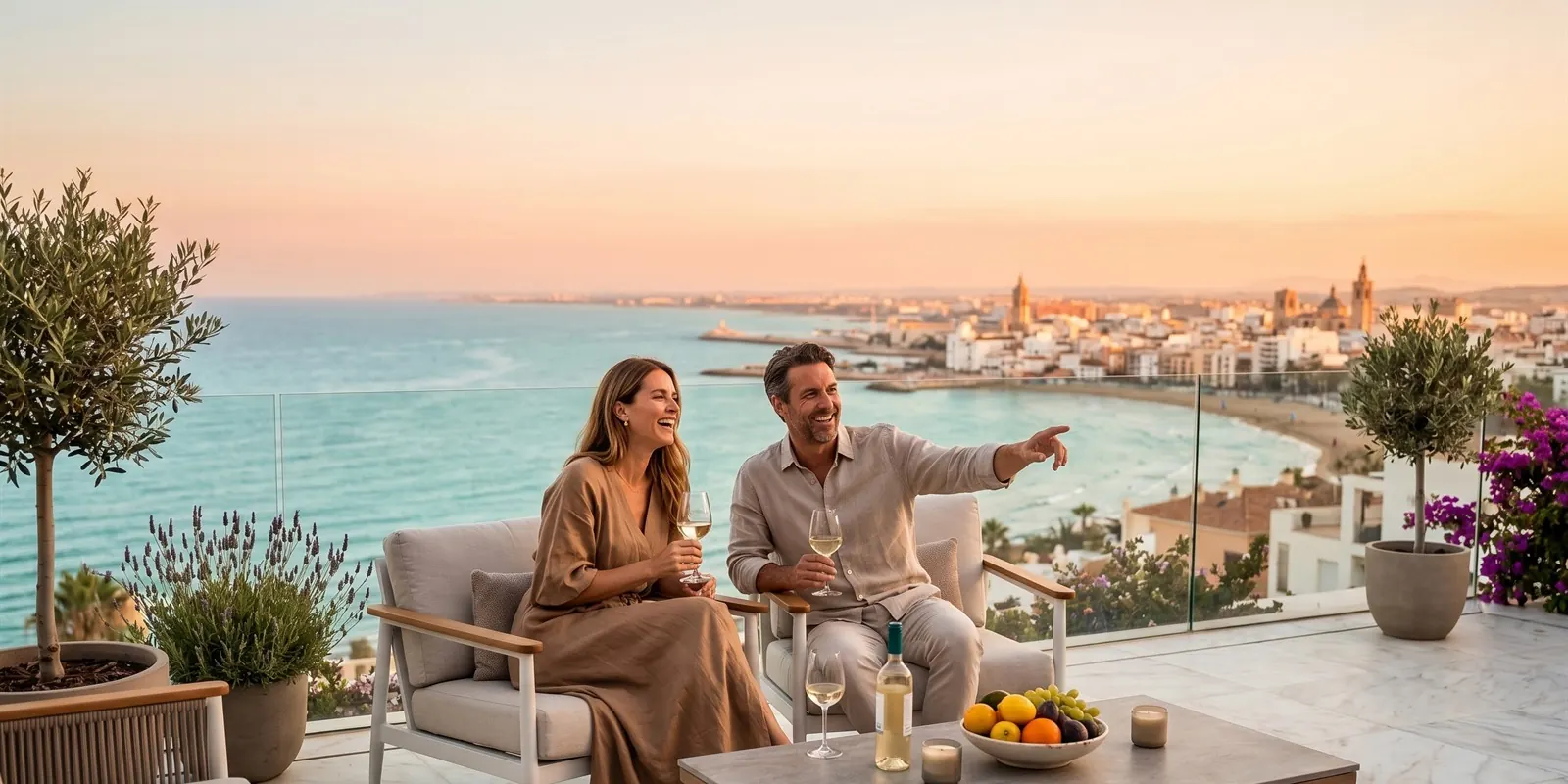 Couple enjoying the Mediterranean lifestyle on a terrace at sunset