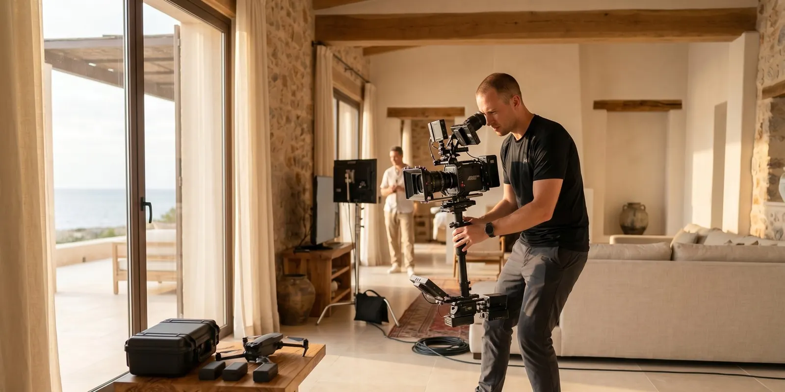 Videographer filming a luxury villa interior